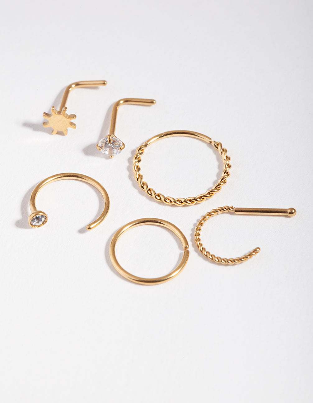 Surgical Steel Gold Sun Twist Diamante Nose Ring 6-Pack
