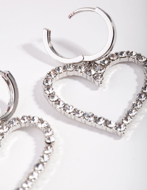 Silver Diamond Heart Huggie Earrings