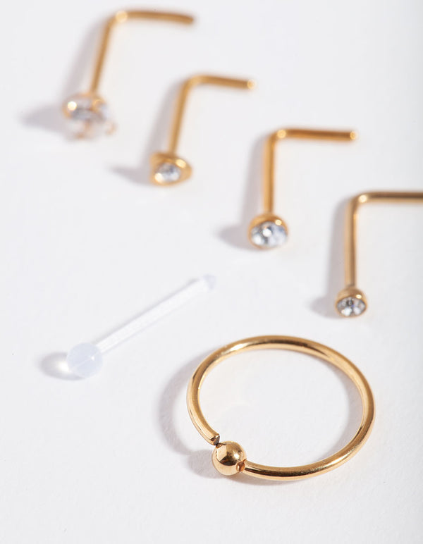 Gold Surgical Steel Mixed Diamante Nose Stud 6-Pack