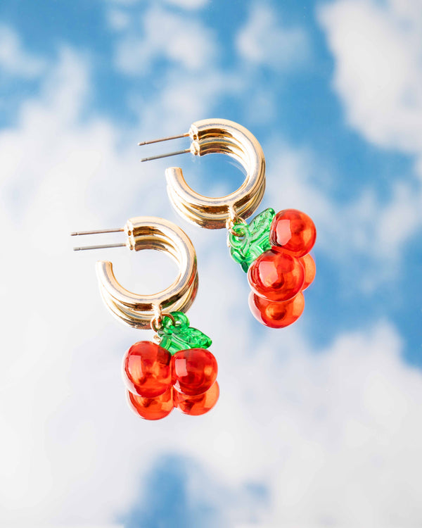 Gold Acrylic Cherry Hoop Earrings