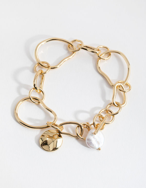Gold Plated Freshwater Pearl Long Fob Bracelet