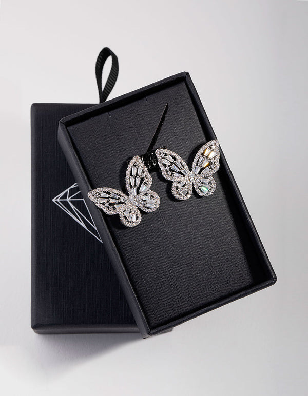 Large Silver Diamond Simulant Butterfly Earrings
