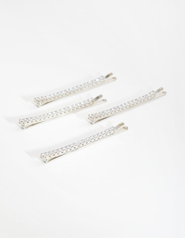 Silver Cubic Zirconia Simple Hair Slide 4-Pack