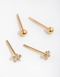 24 Carat Gold Plated Surgical Steel Flower & Ball Pack Stud Earrings - link has visual effect only