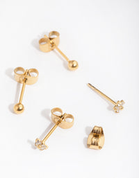 24 Carat Gold Plated Surgical Steel Flower & Ball Pack Stud Earrings - link has visual effect only