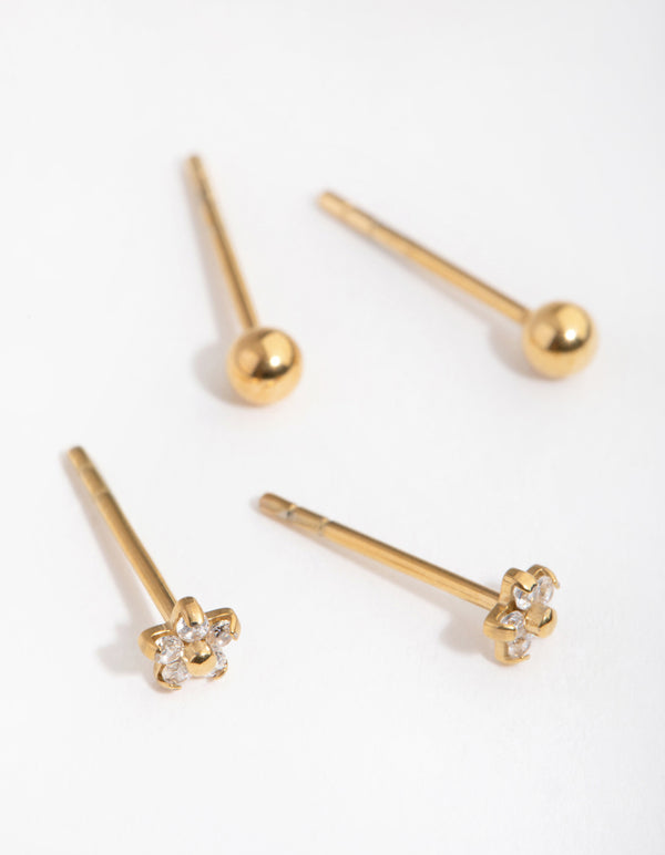 24 Carat Gold Plated Surgical Steel Flower & Ball Pack Stud Earrings