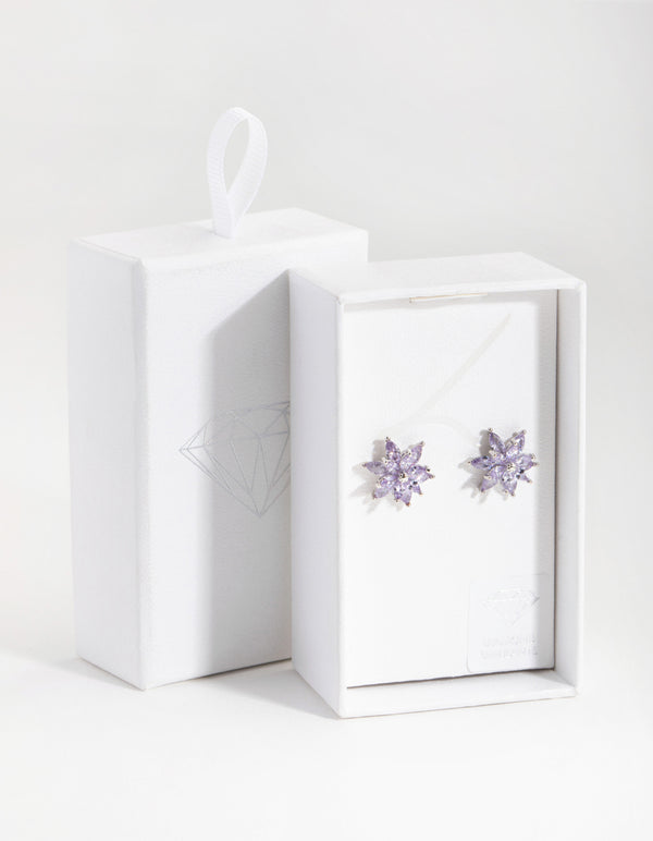 Silver Diamond Simulant Flower Stud Earrings