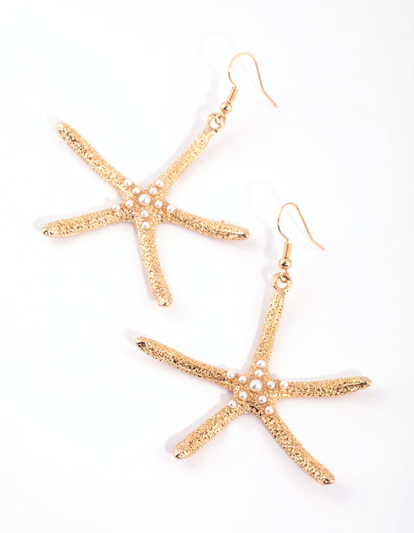Gold Pearl Starfish Drop Earrings