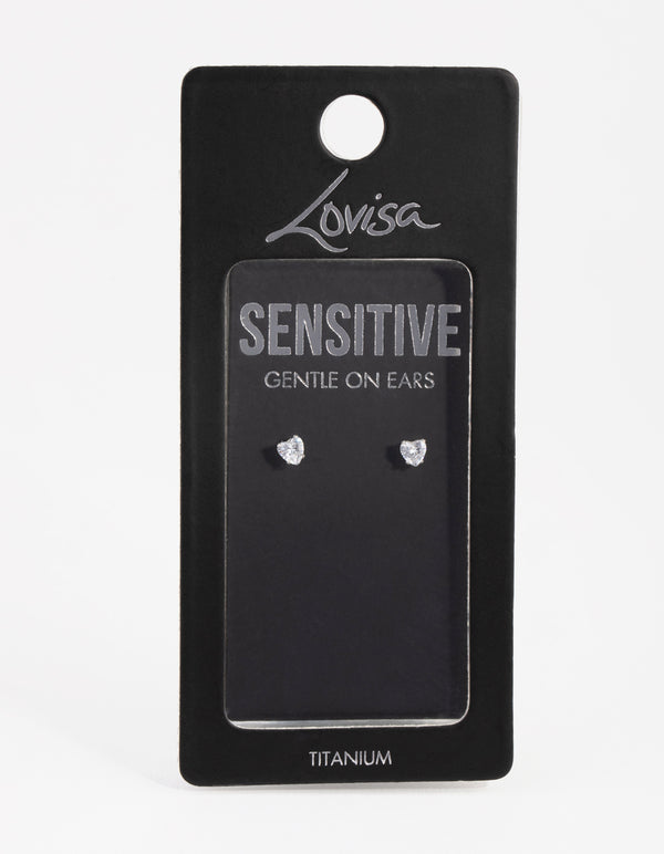 Titanium Cubic Zirconia Heart Stud Earrings