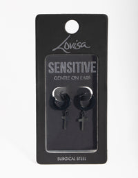 Black Coated Metal Surgical Steel Cross Huggie Earrings - link has visual effect only