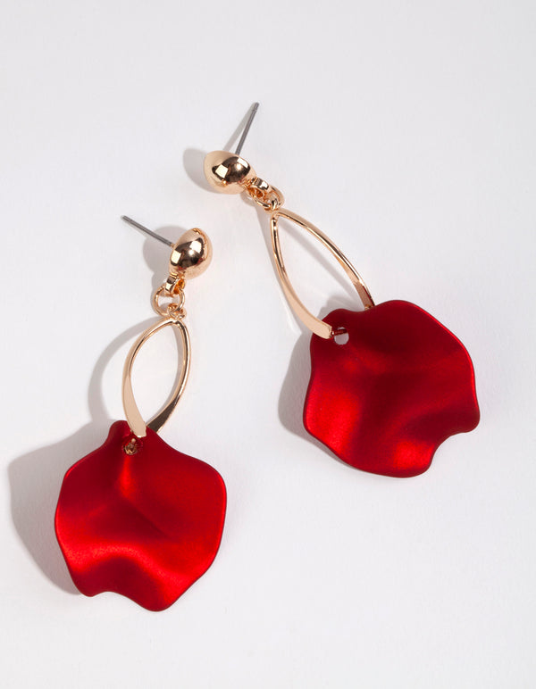 Gold Red Pearlised Petal Drop Earrings
