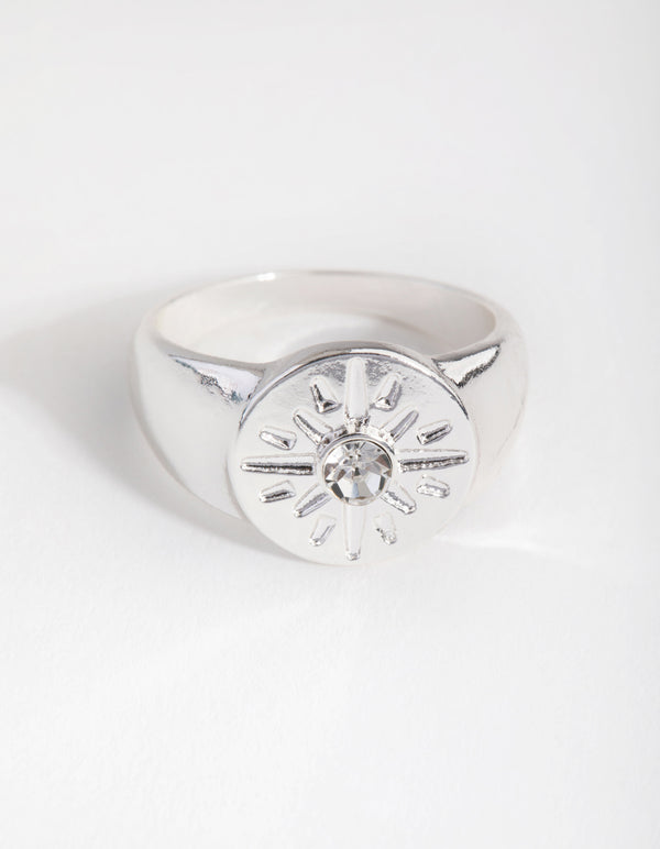 Silver Star & Crystal Signet Ring