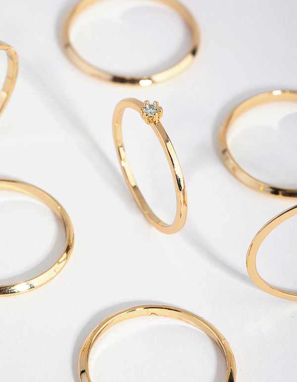 18ct Gold Plated Aquamarine Cubic Zirconia March Ring 7-Pack