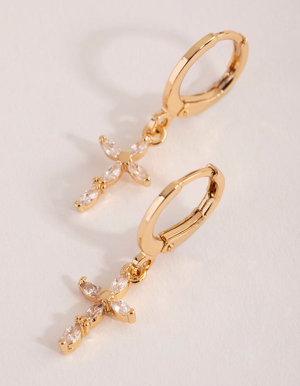 Gold Diamante Cross Huggie Earrings