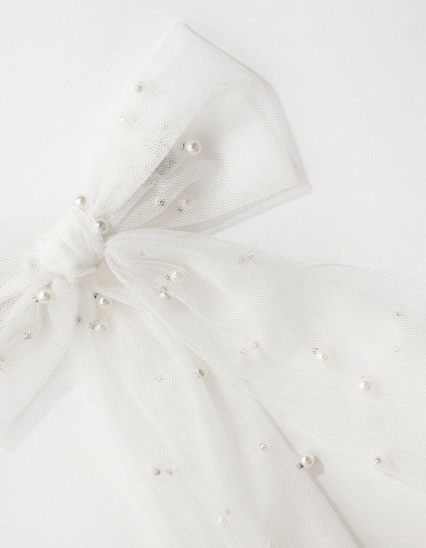 Pearl Detail Mesh Bow Clip