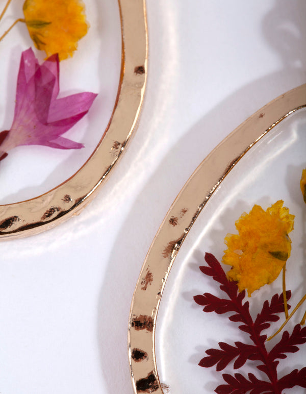 Gold Teardrop Trapped Flower Earrings