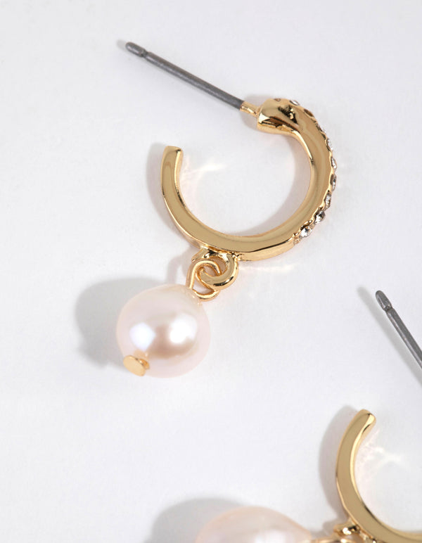 Gold Plated Diamante & Freshwater Pearl Huggie Earrings