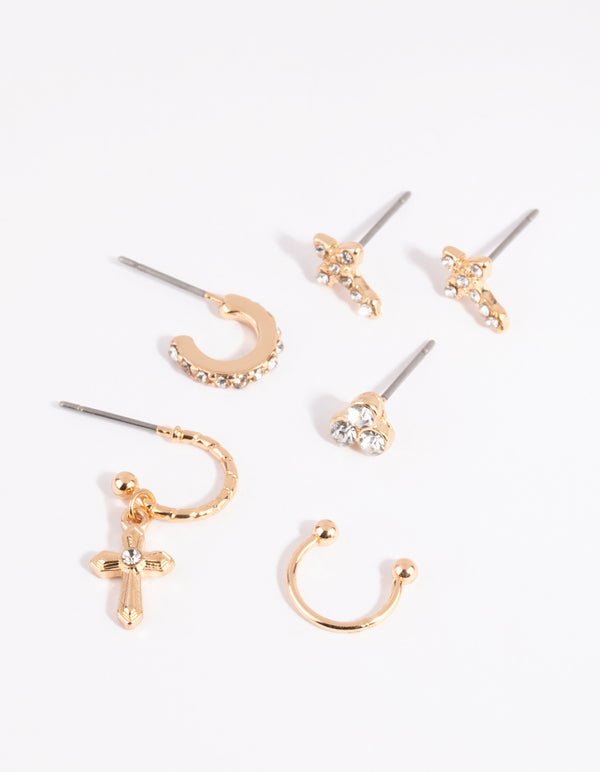 Gold Cross & Diamante Ear Cuff Stack 6-Pack