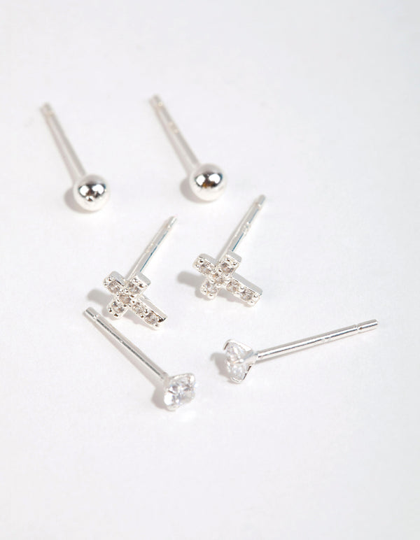 Sterling Silver Cross & Diamante Stud Earring Pack
