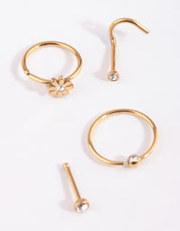Gold Plated Surgical Steel Flower & Diamante Nose Stud 4-Pack - link has visual effect only