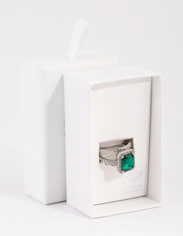 Silver Emerald Diamond Simulant Halo Ring Pack