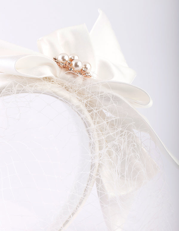 White Bow Pearl & Veil Headband