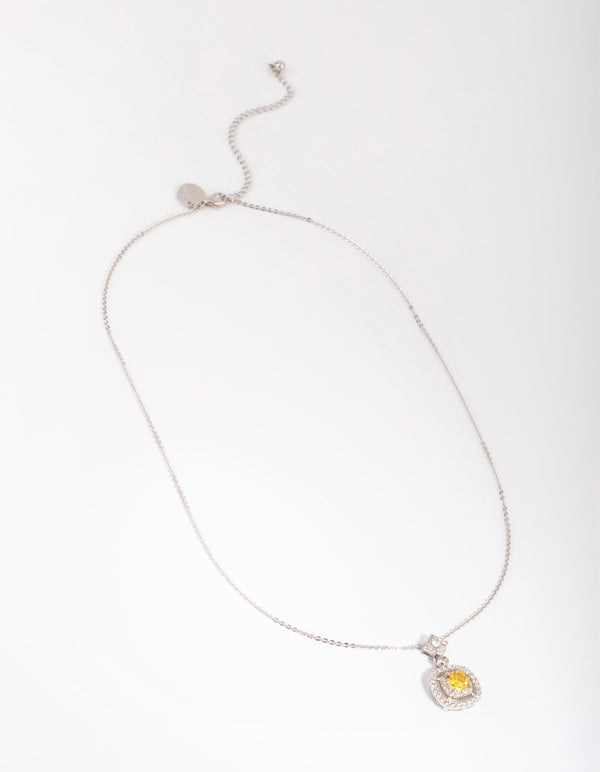 Silver Yellow Diamond Simulant Square Pendant Necklace