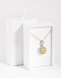 Silver Yellow Diamond Simulant Square Pendant Necklace - link has visual effect only
