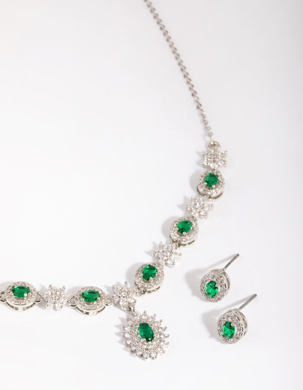 Silver Emerald Diamond Simulant Necklace & Earring Set