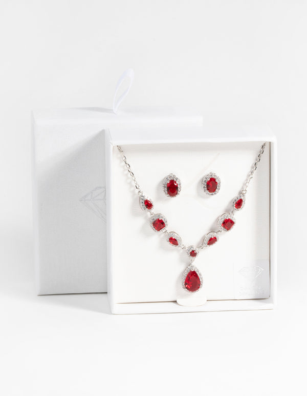 Ruby Diamond Simulant Oval Necklace & Earrings Set