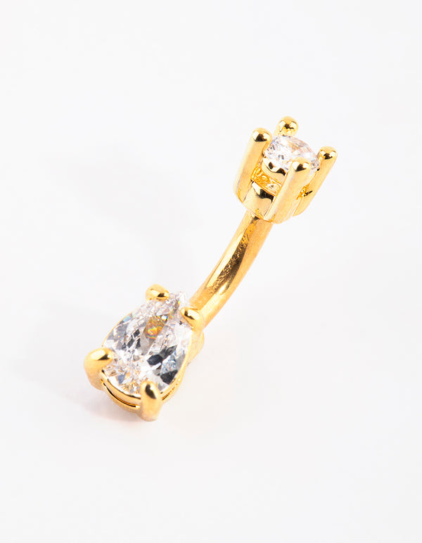 Gold Plated Titanium Pear Diamante Small Belly Bar
