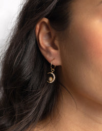 Gold Plated Celestial Huggie Hoop Earrings with Cubic Zirconia - link has visual effect only