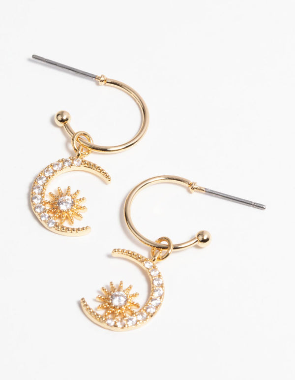 Gold Plated Celestial Huggie Hoop Earrings with Cubic Zirconia
