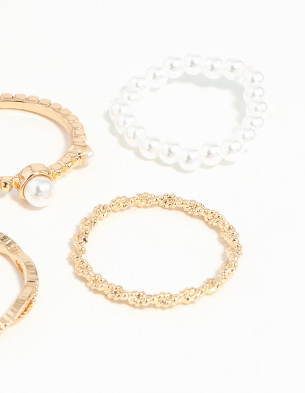 Gold Pearl & Twist Ring 5-Pack