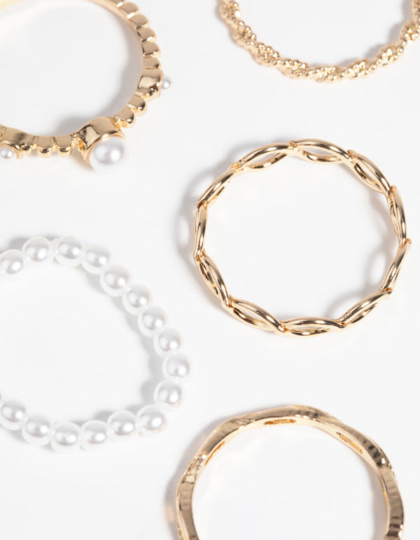 Gold Pearl & Twist Ring 5-Pack