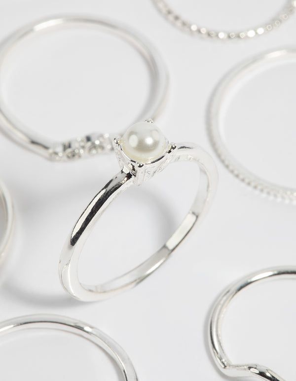 Silver Pearl & Diamante Ring 9-Pack