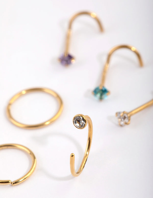 Gold Plated Surgical Steel Pastel Diamante Nose Stud 6-Pack
