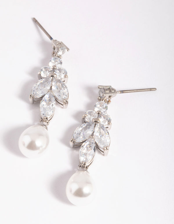 Rhodium Diamond Simulant Marquise Pearl Drop Earrings