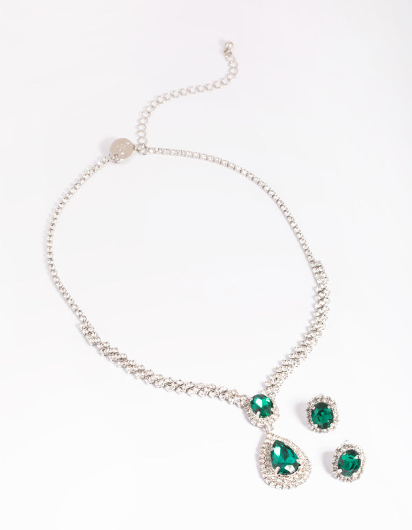 Silver Diamond Simulant Emerald Necklace & Earrings Set