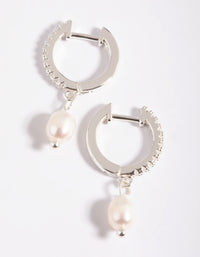 Silver Plated Cubic Zirconia Pearl Huggie Hoop Earrings - link has visual effect only
