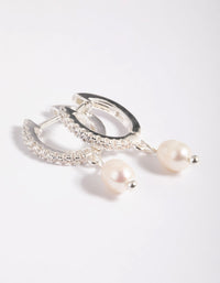 Silver Plated Cubic Zirconia Pearl Huggie Hoop Earrings - link has visual effect only