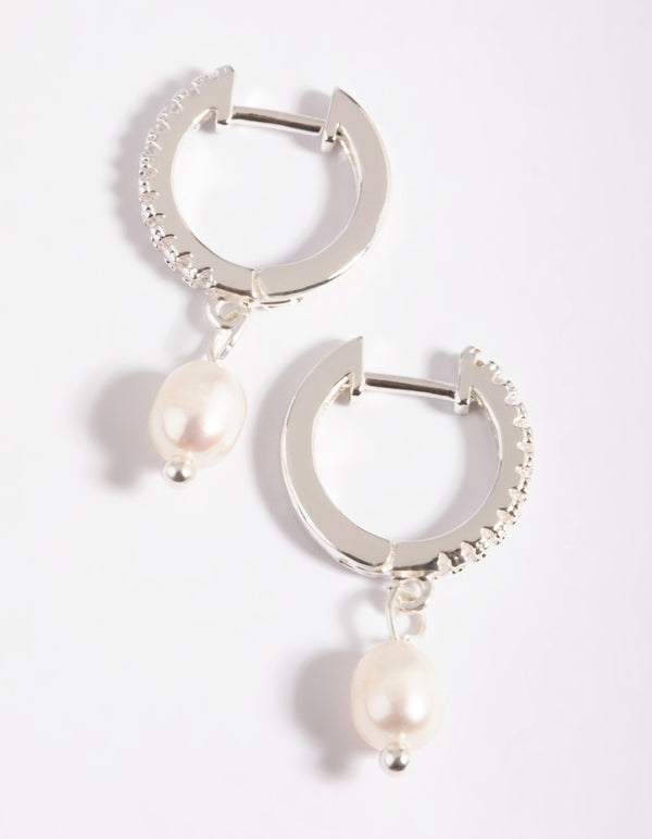 Silver Plated Cubic Zirconia Pearl Huggie Hoop Earrings