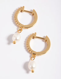 Gold Plated Cubic Zirconia Pearl Huggie Hoop Earrings - link has visual effect only