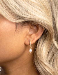 Gold Plated Cubic Zirconia Pearl Huggie Hoop Earrings - link has visual effect only
