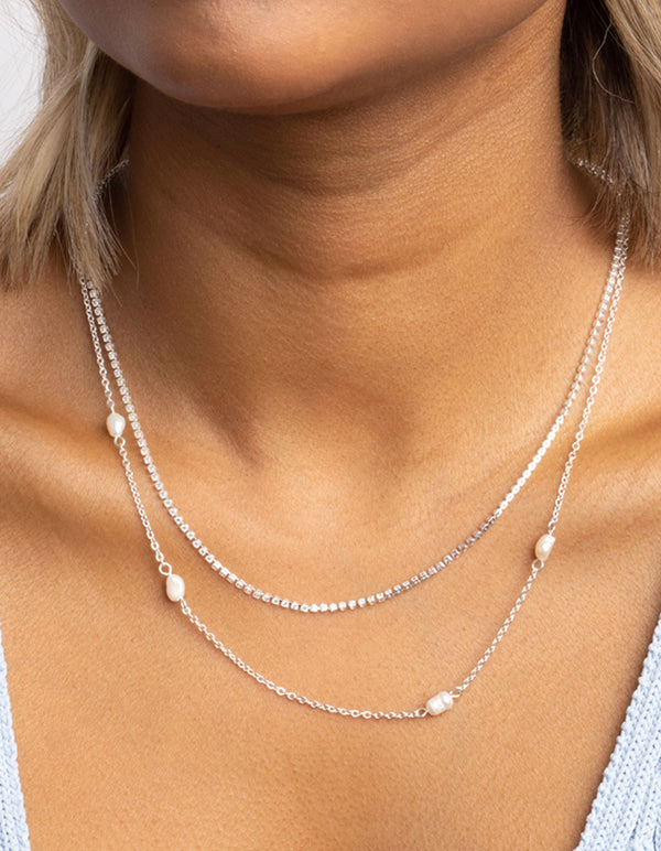 Silver Plated Pearl Layered Necklace