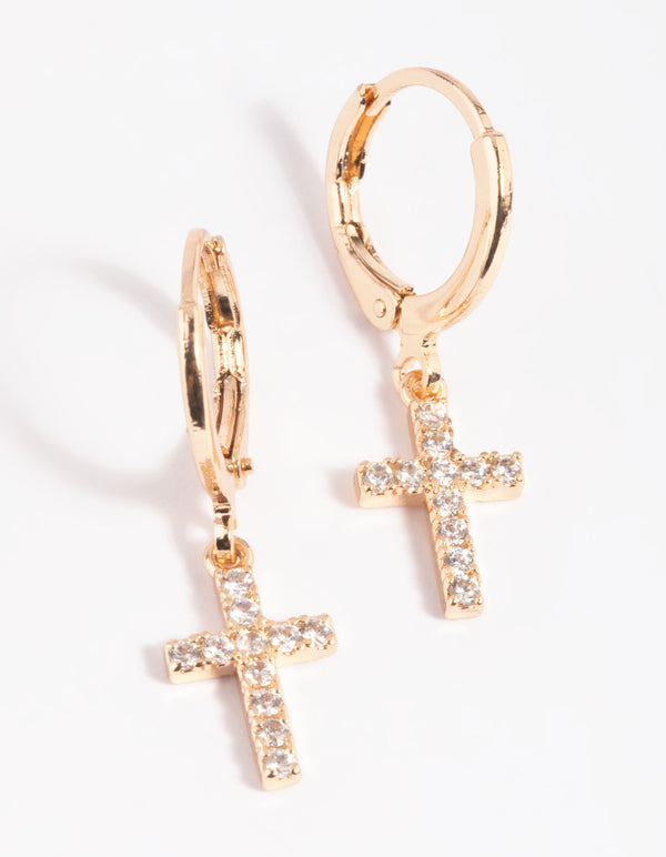 Gold Cubic Zirconia Cross Huggie Hoop Earrings