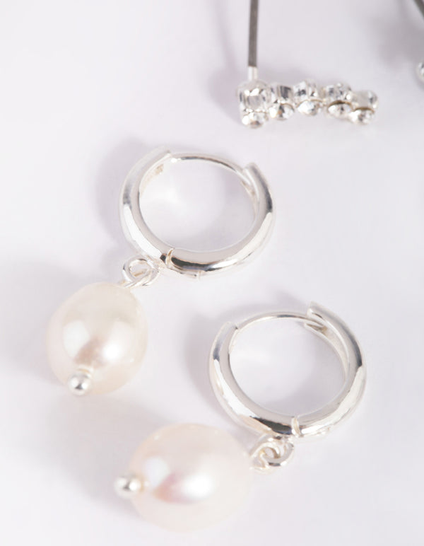 Silver Diamante & Freshwater Pearl Huggie Hoop Earrings