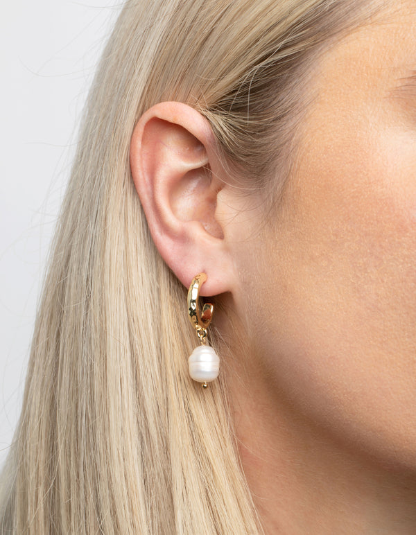 Gold Plated Freshwater Pearl Molten Hoop Earrings