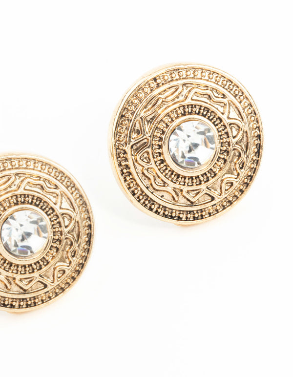 Antique Gold Diamante Stud Earrings