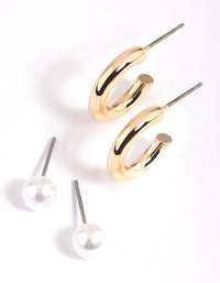 Gold Pearl & Plain Hoop Earring Pack - link has visual effect only